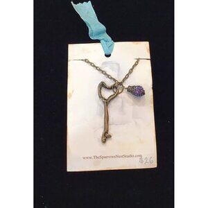 Necklace Key Heart Gold Tone Rustic Purple Bead Mixed Media Handmade Reclaimed